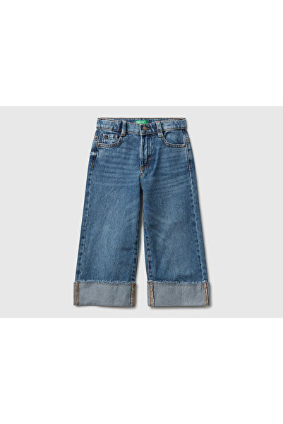 United Colors of Benetton Pantaloni din denim pentru fetiță, albastru închis, cu detaliu de broderie, cu picioare curbate, cu potrivire largă