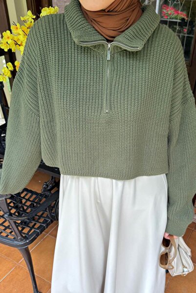 lamelif Πλεκτό πουλόβερ με φερμουάρ στο λαιμό Χακί