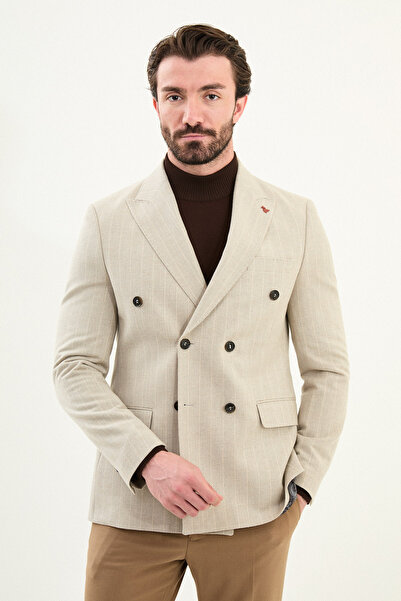 Mcr Striped Slim Fit Wide Collar Double Breasted Wool Men's Jacket Stone - 41476.25K