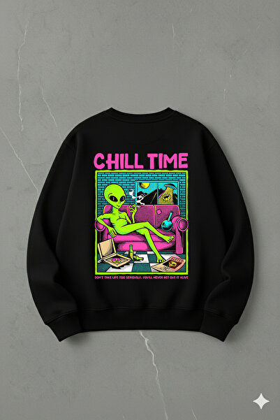 LORVEX Υπερμεγέθης Unisex Βαμβακερό Φούτερ με λαιμόκοψη Crew – CHİLL Στάμπα