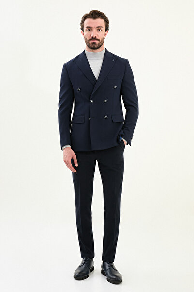 Mcr Straight Slim Fit Wide Collar Double Breasted Metal Button Men's Jacket Navy Blue - 41479.25K