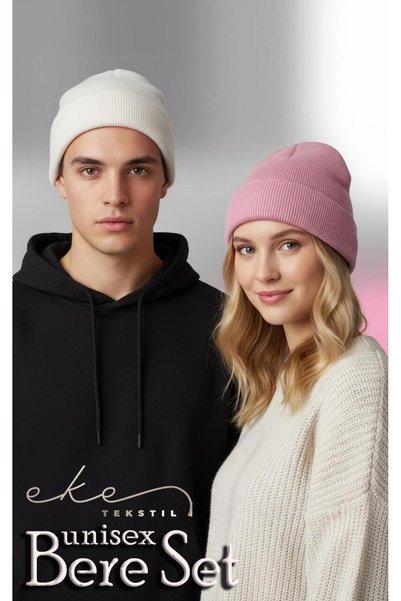 Eke Tekstil Unisex Folded Pink, White 2-Piece Beanie Set Ekebereseti̇2Li̇yeni̇