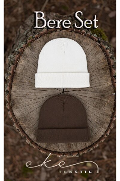 Eke Tekstil Unisex Folded White, Brown 2-Piece Beanie Set Ekebereseti̇2Li̇yeni̇