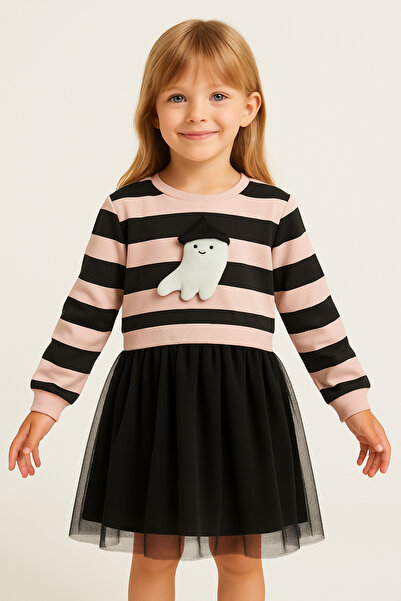 Eray Kids Kız Çocuk Çıkarılabilir Hayalet Detaylı Tüllü Sweatshirt Siyah Elbise (3-4-5-6 Yaş)