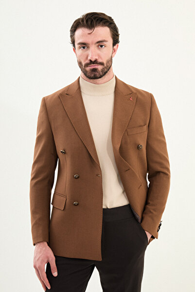 Mcr Straight Slim Fit Wide Collar Double Breasted Metal Button Men's Jacket Camel - 41479.25K