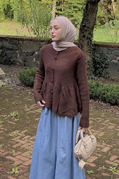 lamelif Πλεκτό Πεπλού Ζακέτα Πικρό Καφέ