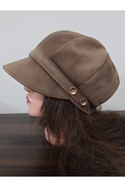 EMİNSHOP Kadın kışlık Nubuk düğme detaylı geniş siperli şapka