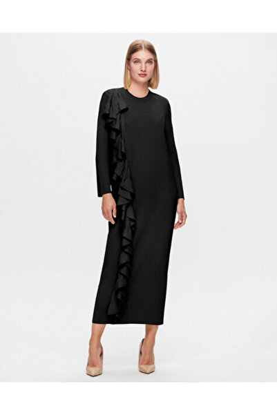 MISS DALIDA T25K-4010 Önü Fırfırlı Triko Elbise BLACK