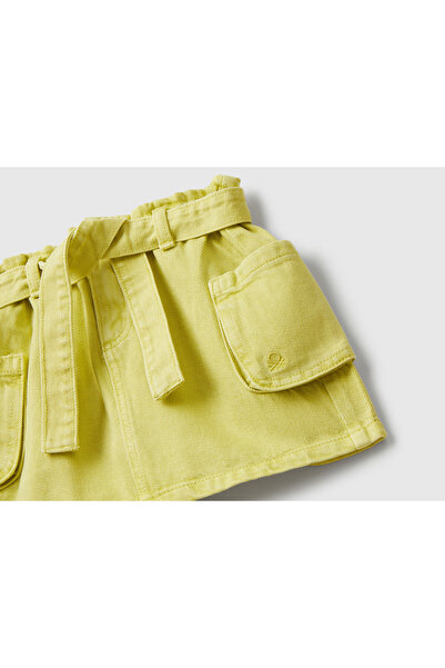 United Colors of Benetton Kız Bebek Hardal Logo Detaylı Cepli Beli Bağlamalı Denim Kargo Etek