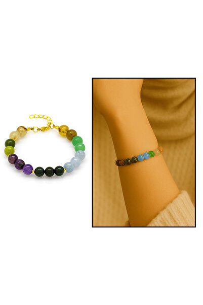 Tesbihane Gold Color Non-Tarnish Metal Chain Sphere Cut Multi Natural Stone Combination Women's Healing Bracelet