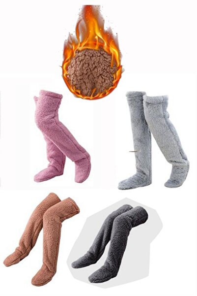 REYNEV Women's Plush Sleep Socks over Knee Room Socks Foot Warmer Beige Long Socks XS - S - m - L - XL
