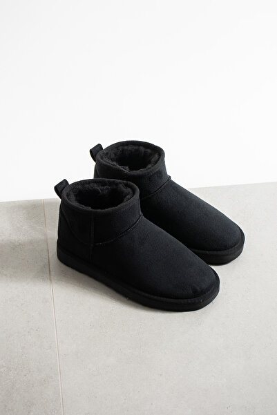LORENN SHOES Ultra Mini Siyah Süet İçi Kürklü Düz Taban Kadın Bot