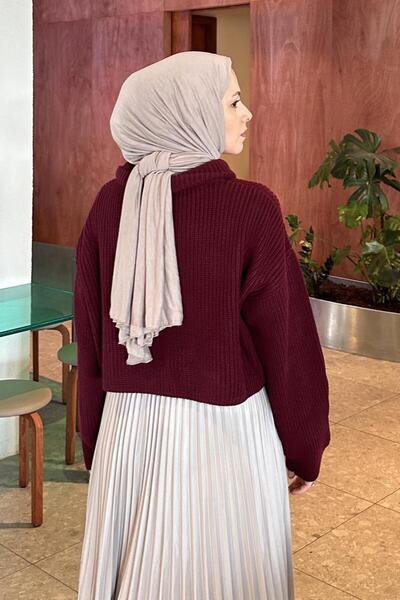 lamelif Collar Zippered Crop Knitwear Sweater Burgundy