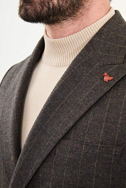 Mcr Striped Slim Fit Wide Collar Double Breasted Wool Men's Jacket Coffee - 41476.25K