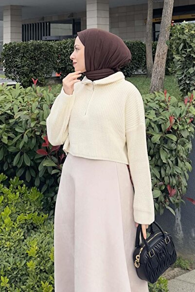 lamelif Collar Zippered Crop Knitwear Sweater Ecru