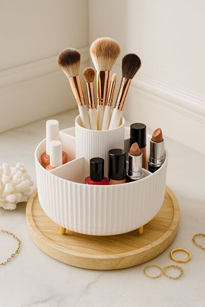 ŞURA MUTFAK 360 °   Rotatable Gold Legged Makeup Organizer with 5 Compartments