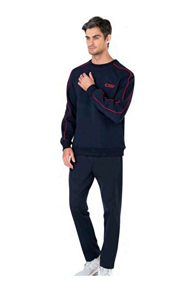 Pierre Cardin 6114 Men's Long Sleeve Crew Neck Two Thread Tracksuit Set-Navy Blue