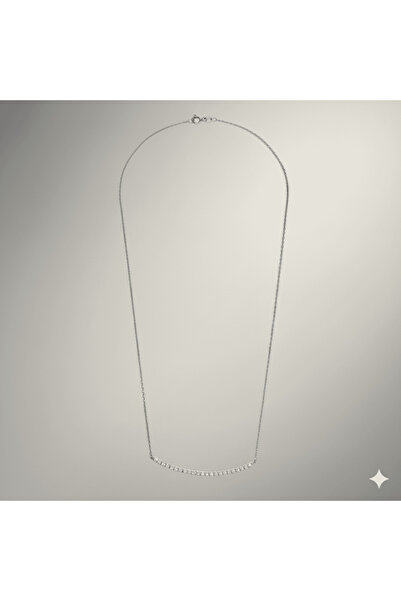 Tesbihane Suyolu Tasarım Sıralı Zirkon Taş Süslemeli Gümüş Renk 925 Ayar Gümüş Kolye