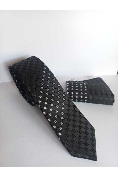 Kravatistan Black Patterned Thin Tie and Handkerchief Set