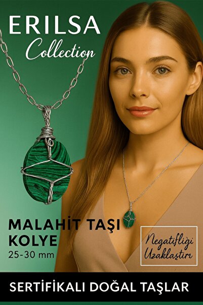 Erilsa قلادة من حجر الملاكيت الطبيعي ملفوفة بسلك فضي معتمد - حجر حماية وتحويل...