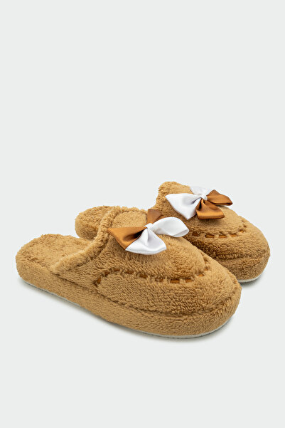 LAMİNTA Puffer Mink Bow Detailed Women's House Slippers