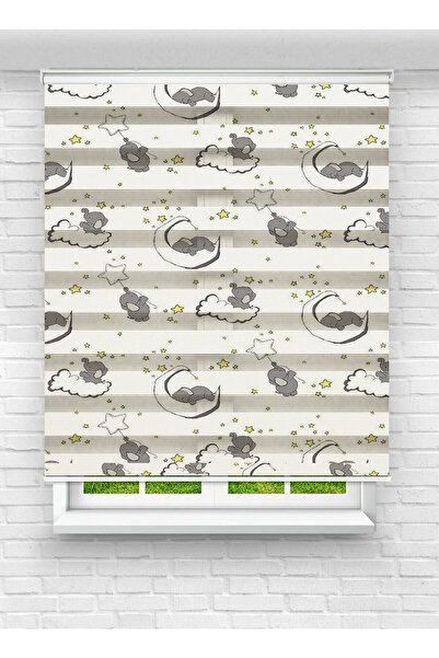 evana home Uyuyan Fil ve Yıldız Desenli Zebra Perde – Bebek Odası İçin Leke T...