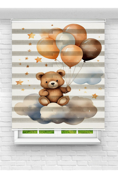 evana home Balonlu Ayıcık Baskılı Zebra Perde
