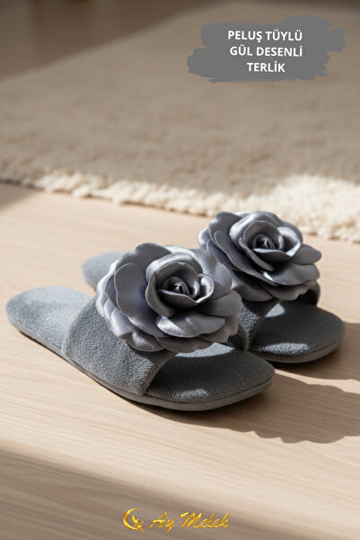 AYMELEK Women's House Slippers Dowry Rose Patterned Furry Soft Plush Slippers