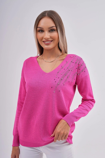 Bİ.GİYSEN Bluză de pulover din lycra, cu decolteu în V, cu perle de cristal ș...