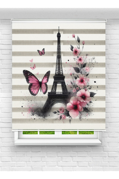 evana home Paris Eyfel Kulesi ve Pembe Çiçek Desenli Zebra Perde – Romantik v...