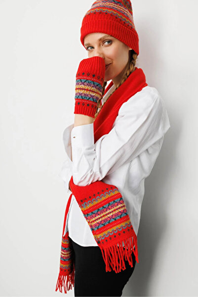 Desen Triko Women's Jacquard Tassel Wool Kaşkol 25075 Coral