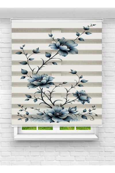 evana home Gri Mavi Çiçek Desenli Zebra Perde – Modern ve Zarif Salon Dekoru