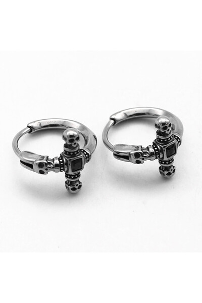 Viking Skull Zircon Stone Design Hoop Piercing 316L Stainless&Non-Tarnish Steel Earrings Pair