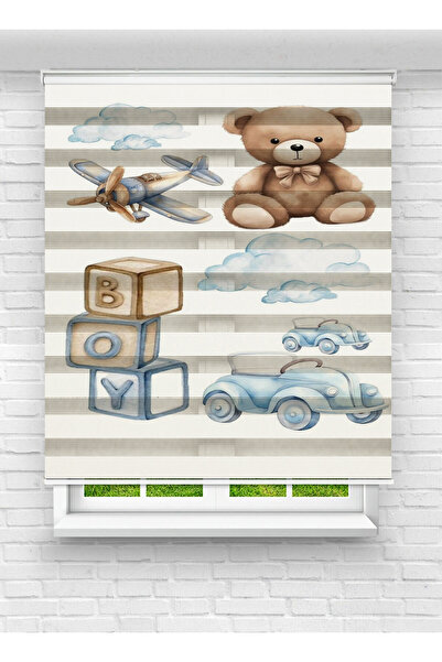 evana home Erkek Bebek Temalı Zebra Perde – Uçak, Ayıcık ve Araba Desenli Şık...