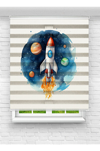 evana home Uzay Roket Desenli Zebra Perde – Çocuk Odası İçin Renkli ve Eğitic...