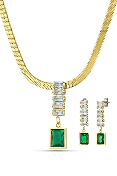 Forentina Yeşil Taşlı Gold Renk Kolye Küpe Kombin Set PS4101