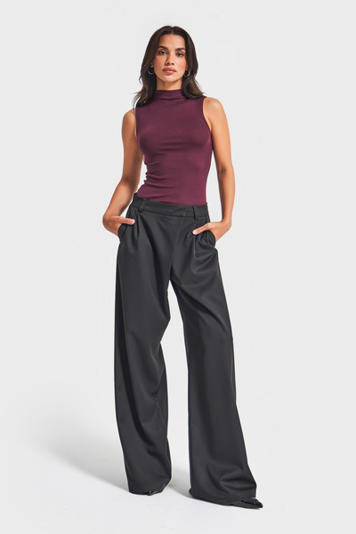 its basic Kadın Siyah Renk w5-1 Palazzo Fit Pile ve Kemer Detaylı Viskon Koton Kumaş Pantolon