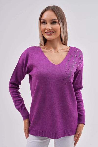 Bİ.GİYSEN Bluză pentru femei, mov, cu decolteu în V, cu perle de cristal și c...