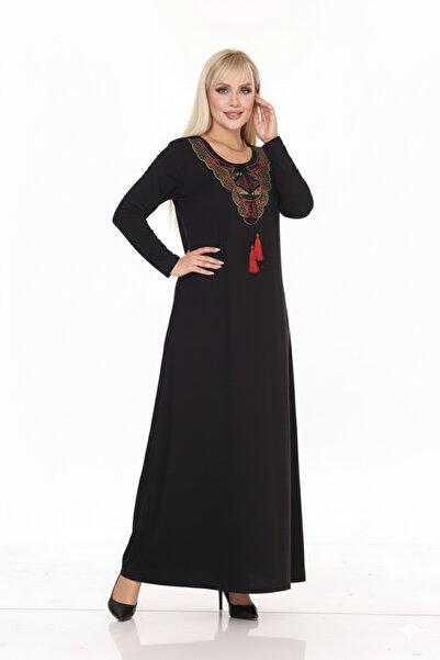 Barato Ethnic Collar Long Sleeve Full Length Knitted Viscose Lycra Fabric Black Plus Size Dress