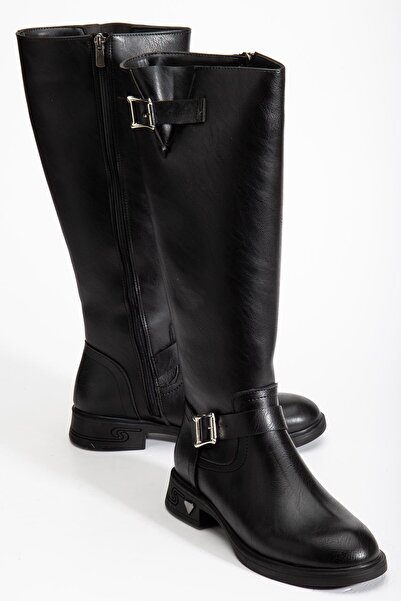 Dilimler Ayakkabı Чорні жіночі чоботи на плоскому каблуці з ремінцем на щиколотці