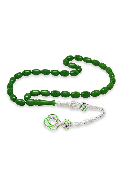 Tesbihane 1000 проба срібла Казаз з бахромою Спеціальний виріз Смарагдово-зелений пресований бурштинний чотки