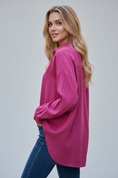 Kübra Tekstil Kadın Fuşya Classic Regular Fit Düğmeli Uzun Kollu Keten Rahat Kesim Gömlek Bluz, Kadın Gömlek