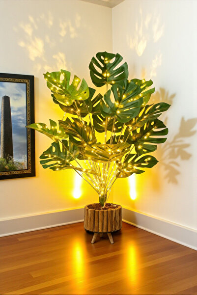 SY Vista Deve Tabanı - Monstera - Yapay Deve Tabanı - LEDLİ - Ahşap Saksılı 1.1 Metre