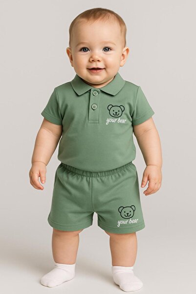 RAPAPA Green'Your Bear' Embroidered Polo Neck Shorts Baby Set - Summer 2-Piece Set 1109