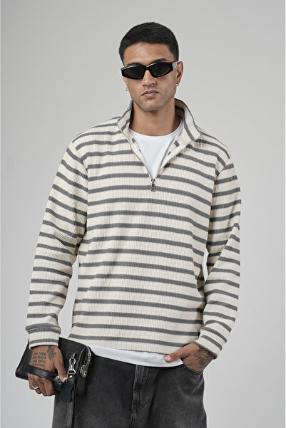 Butik Φούτερ με μισό φερμουάρ Trend Biz με σχέδιο ρίγες και κανονικό ζακάρ