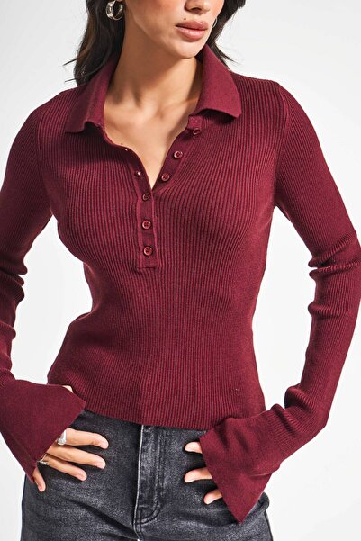 its basic Tricotaj din țesătură elastică din viscoză cu guler polo pentru femei, culoare burgundă w5-35