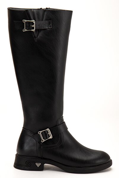 Dilimler Ayakkabı Black Women's Boots Flat Heeled Ankle Belted