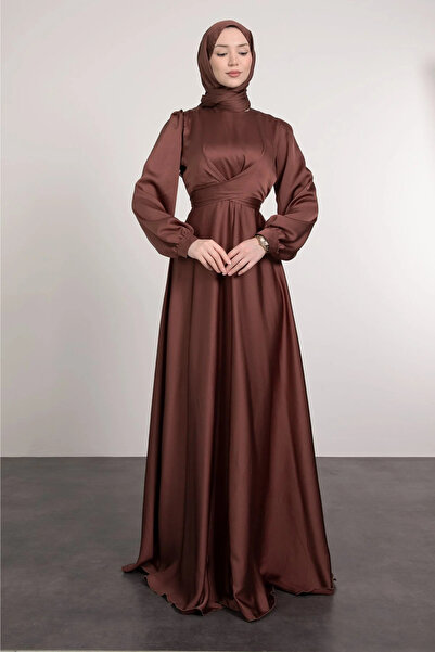 Tesettür Diyarı Yakadan Çaprazlı Bele Bağlamalı Tesettür Abiye- Kahverengi