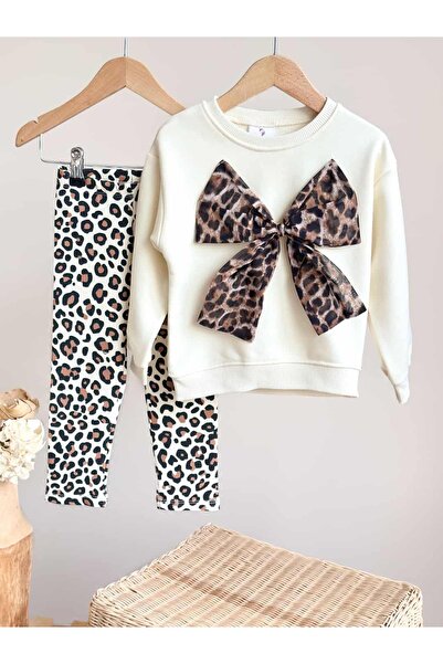 Pinkitokids 3D Leopard Patterned Sweathirt and Leggings Girl's Set