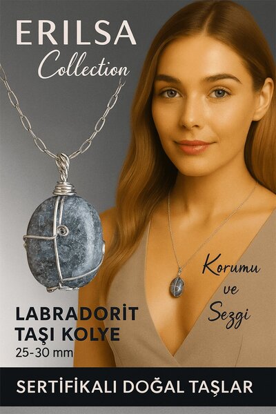 Erilsa Sertifikalı Gümüş Tel Sargılı Doğal Labradorit Taşı Kolye – 25-30 mm Sezgi ve Koruma Taşı